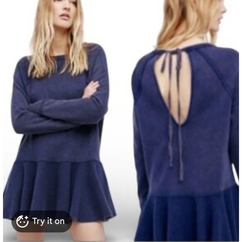 Free People Sweater Dress Boho Oversized Washed Blue Sz L Mini Tunic Open Back
